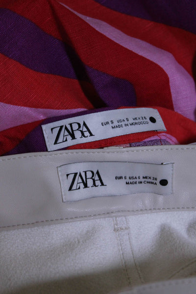 Zara Womens Striped Floral Faux Leather Skirts White Red Pink Size Small Lot 2