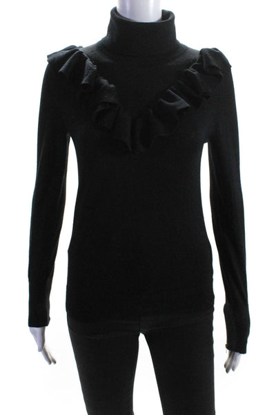 J Crew Womens Merino Wool Ruffled Zipped Sleeve Pullover Sweater Black Size XS