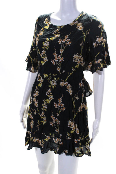 MLM Label Womens Floral Print Open Back Ruffled Hem Mini Dress Black Size S