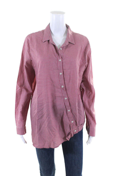 Sibel Saral Womens Plaid Asymmetrical Button Down Shirt Pink Cotton Size Large