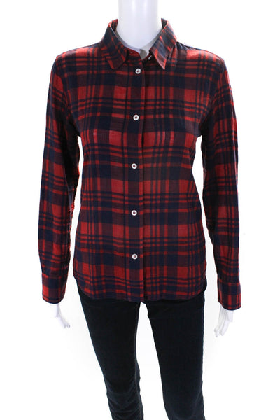 APC Womens Plaid Flannel Long Sleeved Collared Button Down Shirt Red Blue Size M