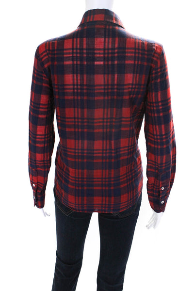 APC Womens Plaid Flannel Long Sleeved Collared Button Down Shirt Red Blue Size M