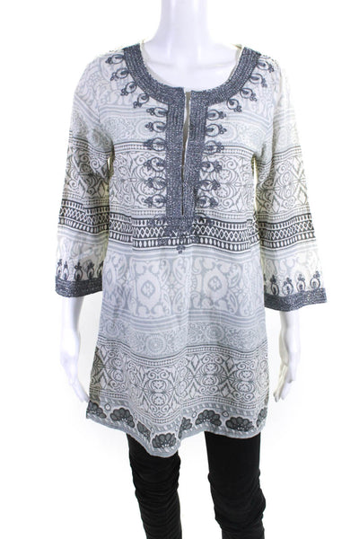 Calypso Saint Barth Womens 3/4 Sleeve V Neck Abstract Tunic White Gray Small