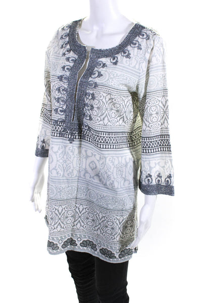 Calypso Saint Barth Womens 3/4 Sleeve V Neck Abstract Tunic White Gray Small