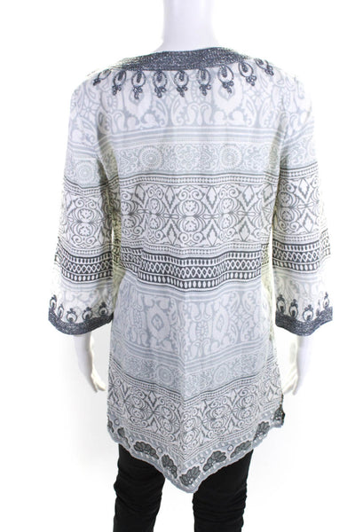 Calypso Saint Barth Womens 3/4 Sleeve V Neck Abstract Tunic White Gray Small