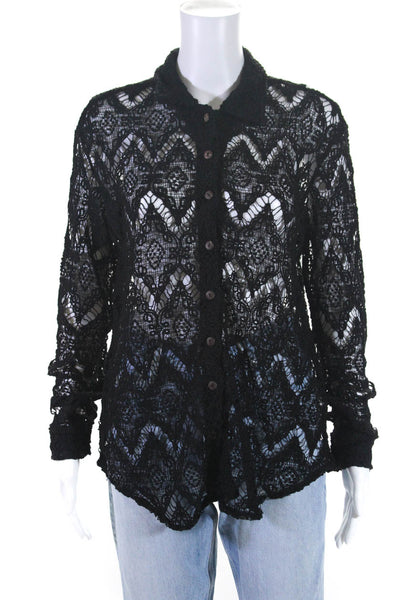 Free People Womens Long Sleeve Button Front Collared Lace Shirt Black Size Small