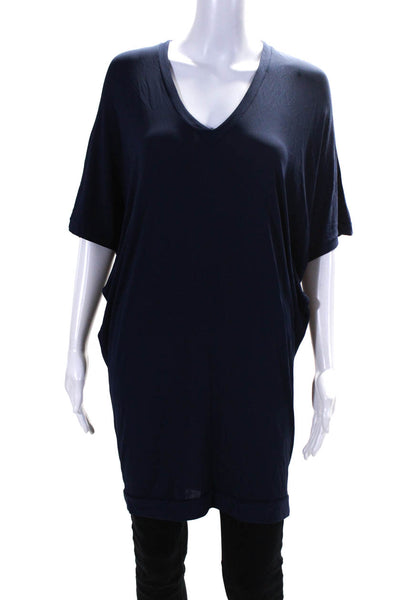 Shan Womens Jersey Knit V-Neck Short Sleeve Tunic Blouse Top Navy Blue Size 6