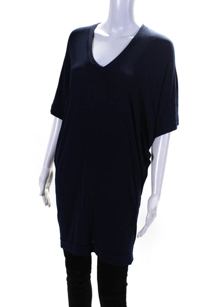 Shan Womens Jersey Knit V-Neck Short Sleeve Tunic Blouse Top Navy Blue Size 6