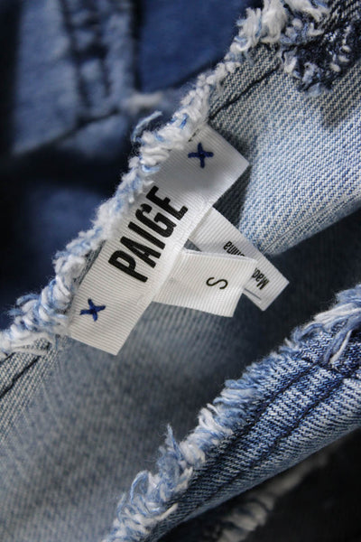 Paige Women's Cotton Patchwork Distressed V-Neck Denim Shift Dress Blue Size S