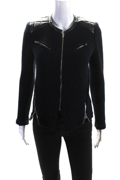 IRO Womens Zippered Leather Accent Thick Knit Sweater Jacket Blue Black Size 36