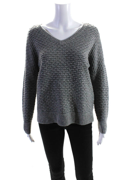 Vince Womens Long Sleeved V Neck Tight Knit Ribbed Pullover Sweater Gray Size XS