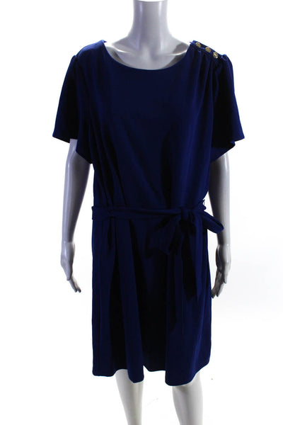 DKNY Women's Round Neck Short Sleeves Tie Waist Midi Dress Blue Size 22