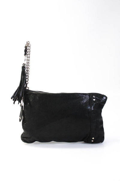Olivia Harris Womens Leather Zippered Pouch Chain Wristlet Clutch Handbag Black