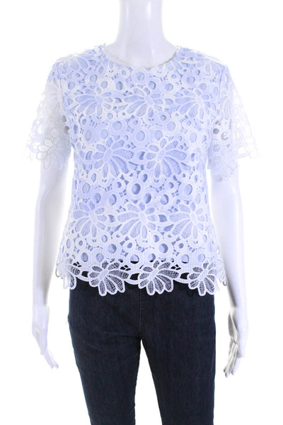English Factory Womens Blue Floral Lace Zip Back Short Sleeve Blouse Top Size S