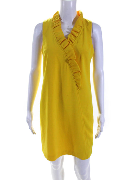 Trina Turk Womens Yellow Ruffle V-Neck Zip Back Sleeveless Shift Dress Size XS