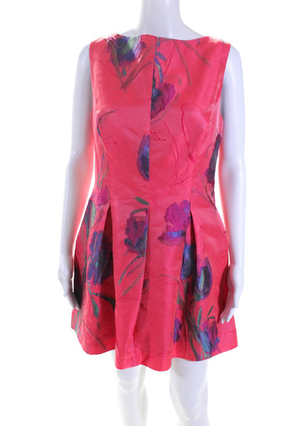 Lela Rose Womens Red Crepe Floral Crew Neck Sleeveless Fit & Flare Dress Size M