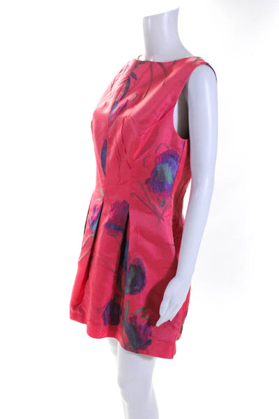 Lela Rose Womens Red Crepe Floral Crew Neck Sleeveless Fit & Flare Dress Size M