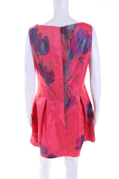 Lela Rose Womens Red Crepe Floral Crew Neck Sleeveless Fit & Flare Dress Size M