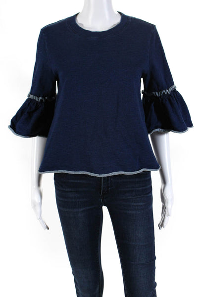 See by Chloe Women's Cotton 3/4 Ruffle Sleeve Blouse Blue Size S