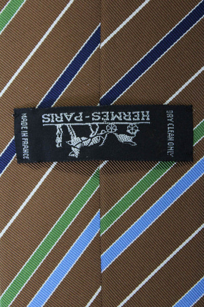 Hermes Men's Silk Cotton Blend Striped Tie Brown One Size