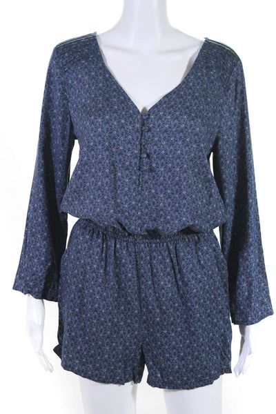 Sanctuary Womens Floral V-Neck Long Sleeve Button-Up Romper Blue Size Small