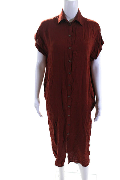 Indah Womens Collared Short Sleeve Button Up Mid-Calf Shirt Dress Orange Size XS