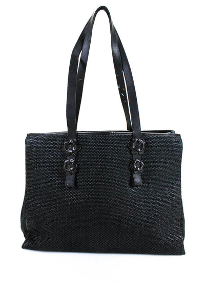 Francesco Biasia Womens Woven Leather Trimmed Flower Detail Shoulder Bag Black