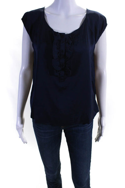 Theory Women's Short Sleeve Ruffle Trim Scoop Neck Blouse Navy Blue Size S