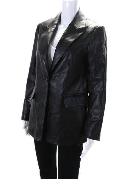 Designer Womens Peak Lapel One Button Leather Blazer Jacket Black Size XL