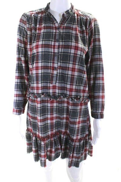 NSF Womens Cotton Plaid Print 3/4 Sleeve Ruffled Shirt Dress Multicolor Size P