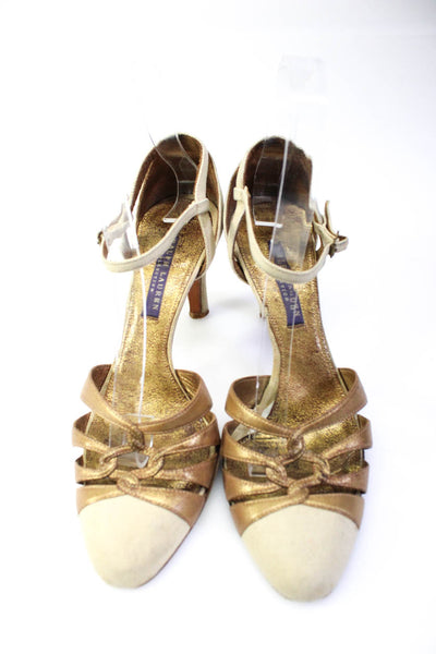 Ralph Lauren Women's Canvas High Heel Ankle Strap Pumps Beige Gold Size 7