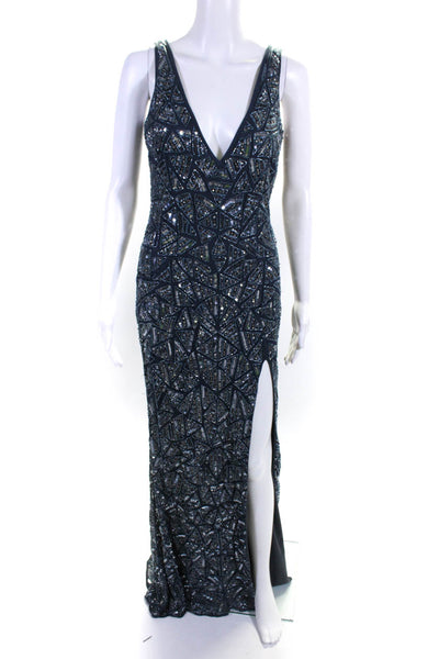 Mac Duggal Womens Blue Beaded Sequins V-Neck Zip Back Slits Gown Dress Size 2