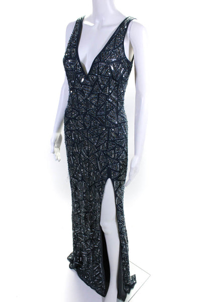 Mac Duggal Womens Blue Beaded Sequins V-Neck Zip Back Slits Gown Dress Size 2