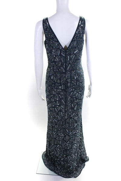 Mac Duggal Womens Blue Beaded Sequins V-Neck Zip Back Slits Gown Dress Size 2