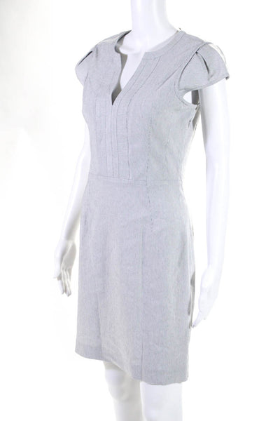 Andrew Marc Womens Y Neck Cap Sleeve Stripe Sheath Dress Gray White Size 6