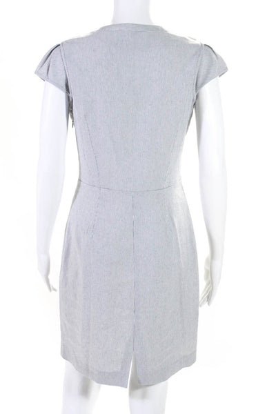 Andrew Marc Womens Y Neck Cap Sleeve Stripe Sheath Dress Gray White Size 6