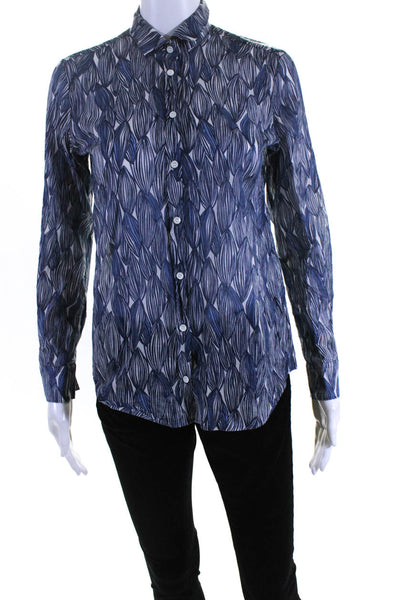 Hartford Womens Cotton Abstract Print Collared Button Up Blouse Top Blue Size 0