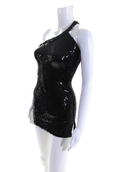 Superdown Womens Sequined One Shoulder Sleeveless Slim Mini Dress Black Size XS
