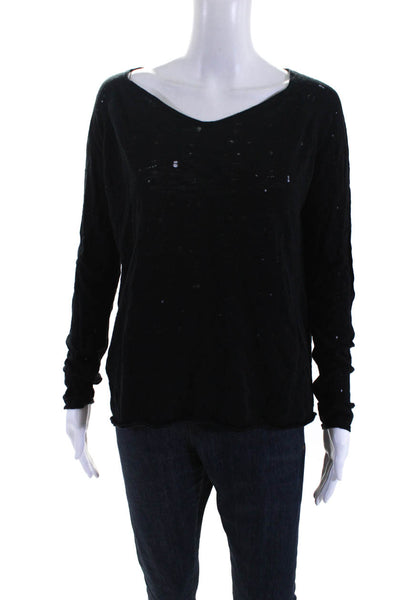 Maje Womens Knit Long Sleeve Distressed Round Neck Shirt Top Black Size 2
