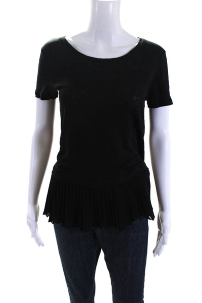 Sandro Paris Womens Jersey Knit Pleated Hem Short Sleeve Shirt Top Black Size 2