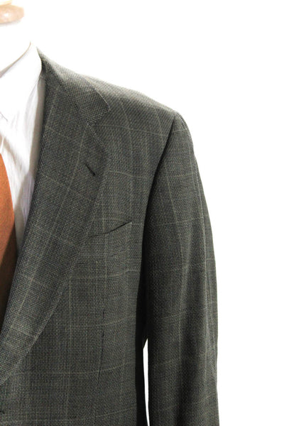 Boss Hugo Boss Mens Wool Plaid Notched Collar Two Button Blazer Green Size 42R