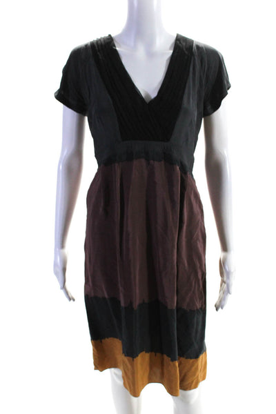 Vena Cava Womens Silk Pleated V-Neck Short Sleeve Knee Length Dress Black Size 2