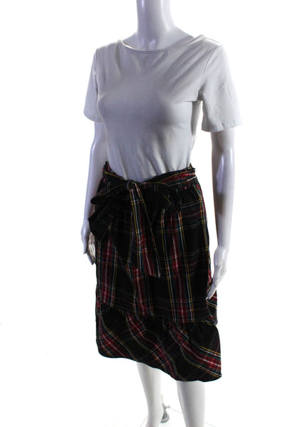 J Crew Womens Plaid Pleated A Line Tied Waist Knee Length Skirt Black Red Size 0