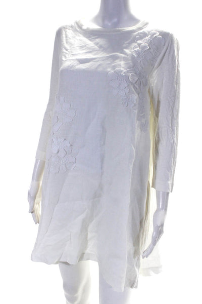 Whyci Milano Womens White Linen Floral Crew Neck 3/4 Sleeve A-Line Dress Size M