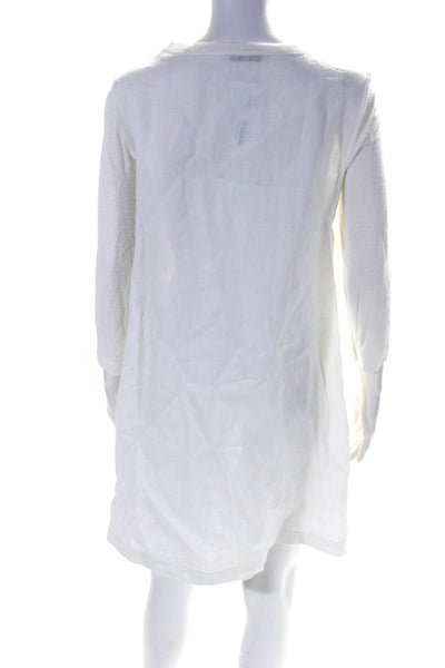 Whyci Milano Womens White Linen Floral Crew Neck 3/4 Sleeve A-Line Dress Size M