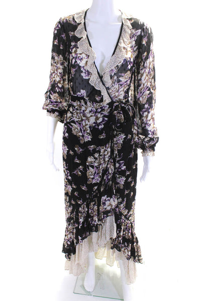 By Timo Womens Chiffon Floral Print Tiered Hem Long Wrap Dress Black Size XS