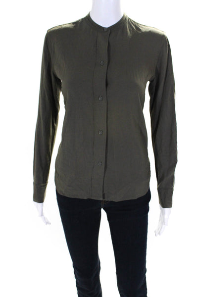 Helmut Lang Womens Long Sleeve High Neck Button-Up Blouse Top Dark Green Size S