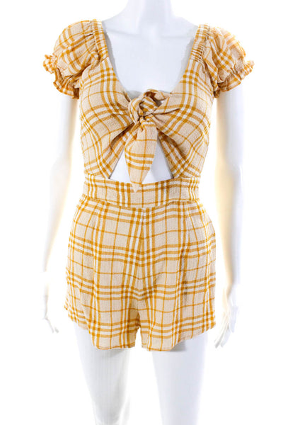 Capulet Womens Plaid Cut Out Front Tie Short Sleeve Zip Up Romper Yellow Size XS
