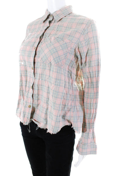 Current/Elliott Womens Cotton Plaid Open Backi Button Up Blouse Top Pink Size 0