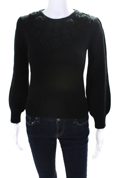 Co. Womens Floral Applique Crew Neck Sweater Black Wool Size Extra Small